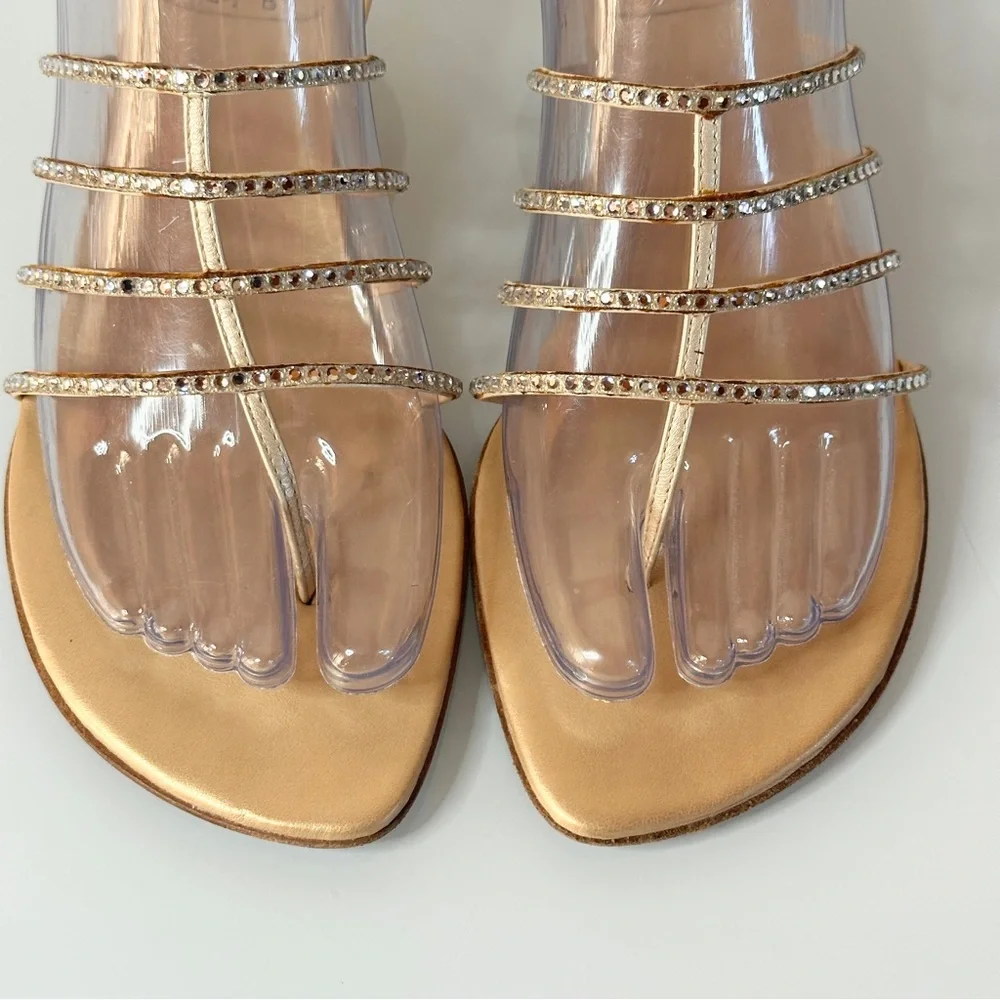 Stuart Weitzman Gold Kitten Heel Sandal 6.5 Toe Post Thong Rhinestone Straps - Picture 8 of 11